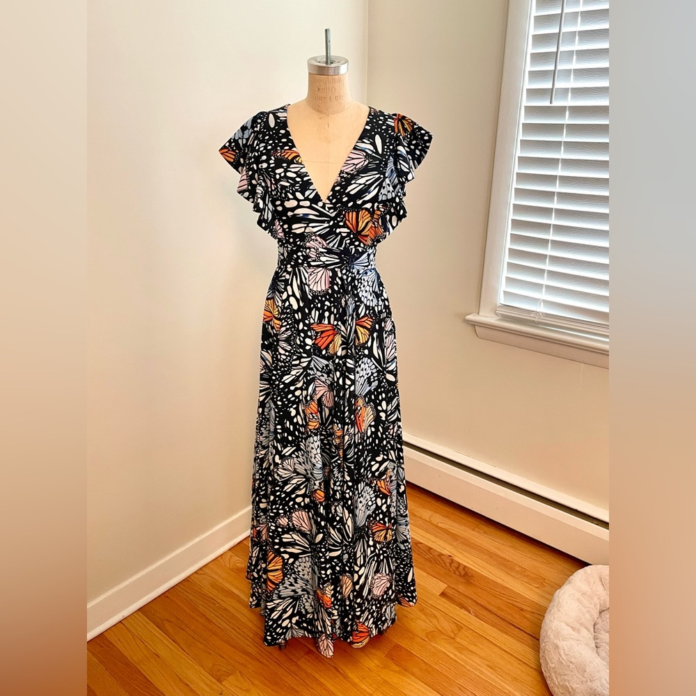 Aqua Black Butterfly Print Maxi Dress with Blue Orange Accents Sz M Runs Small - Picture 2 of 11